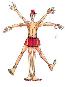 Hand-drawn illustration of a runner in a Vitruvian Man pose wearing red shorts and a backwards cap