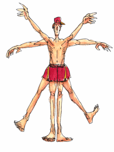 Hand-drawn illustration of a runner in a Vitruvian Man pose wearing red shorts and a backwards cap, isolated on a transparent background